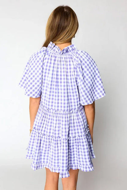 Plaid Ruffle Wide Short Sleeve Babydoll Mini Dress. GCollection