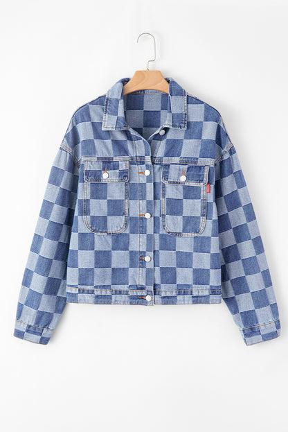 Light Blue Checkered Button up Denim Jacket. GCollection