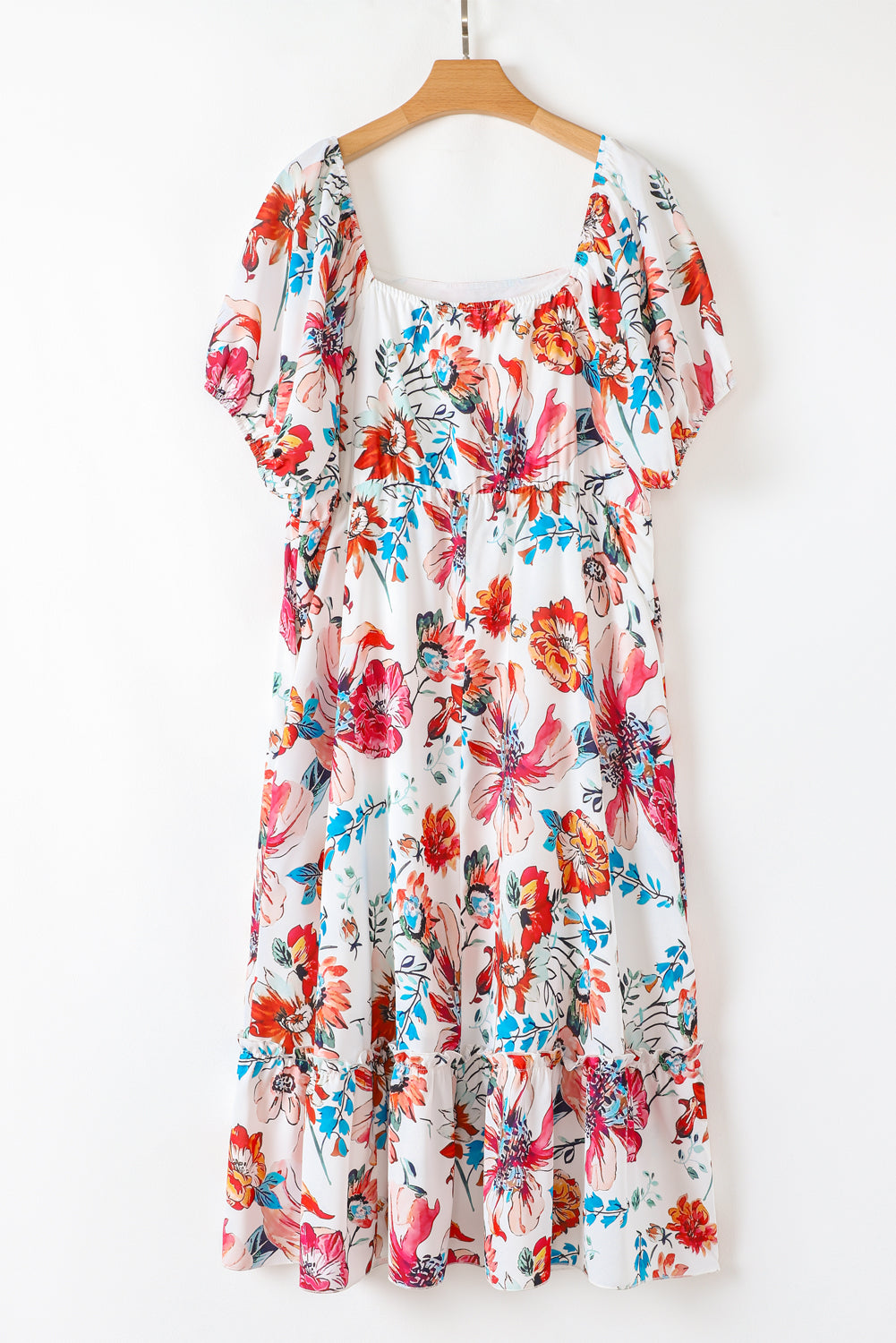 White Floral Square Neck Puff Sleeve Flowy Plus Size Midi Dress. PSCollection