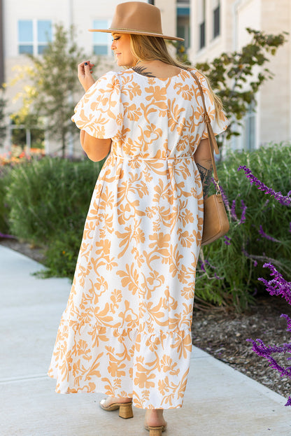 Apricot Floral Print Maxi Dress. PSCollectio