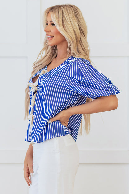 Blue Stripe Tied Front Puff Short Sleeve Blouse. GCollection