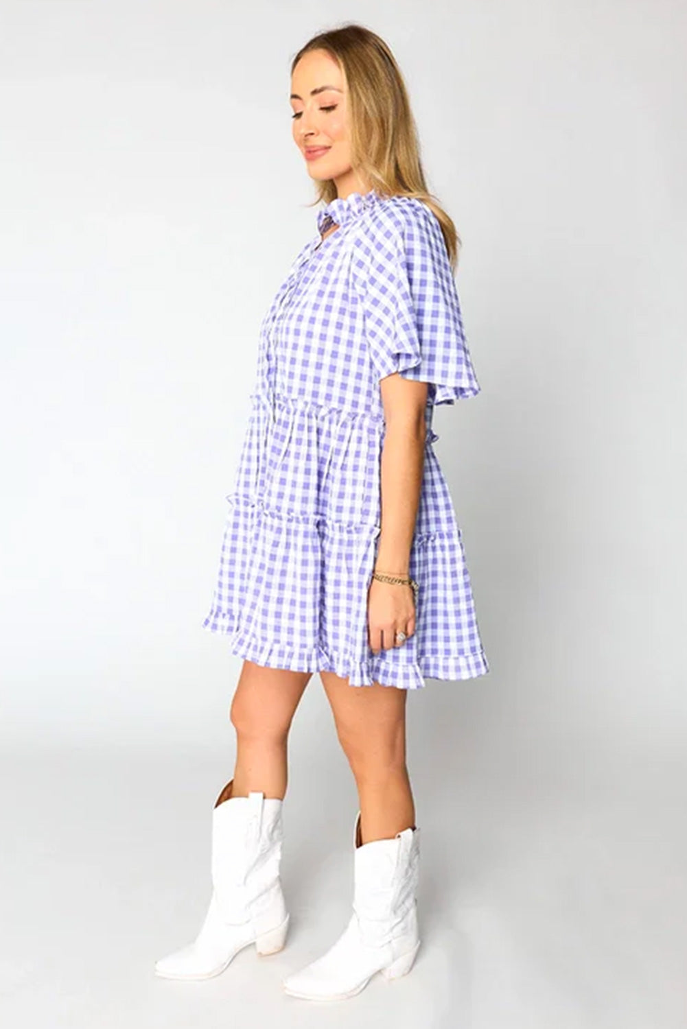 Plaid Ruffle Wide Short Sleeve Babydoll Mini Dress. GCollection