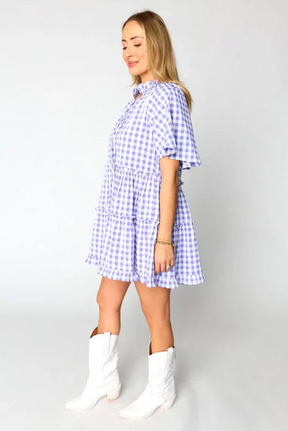 Plaid Ruffle Wide Short Sleeve Babydoll Mini Dress. GCollection