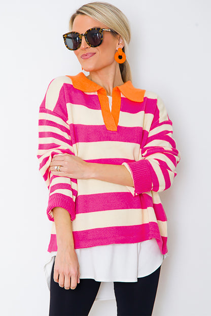 Rose Stripe Color Block Collared V Neck Drop Shoulder Sweater. GCollection