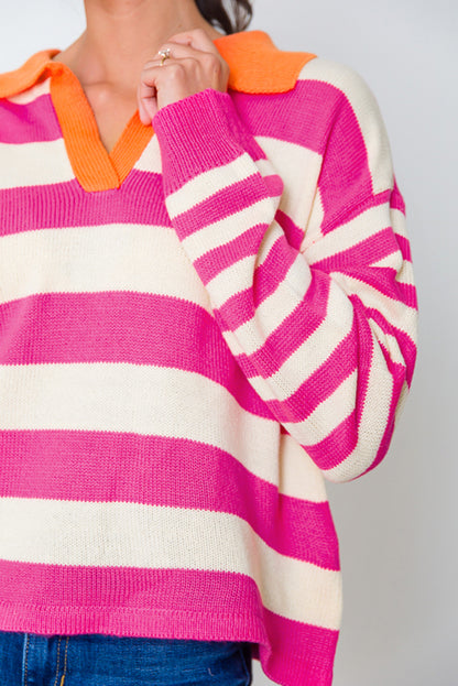 Rose Stripe Color Block Collared V Neck Drop Shoulder Sweater. GCollection