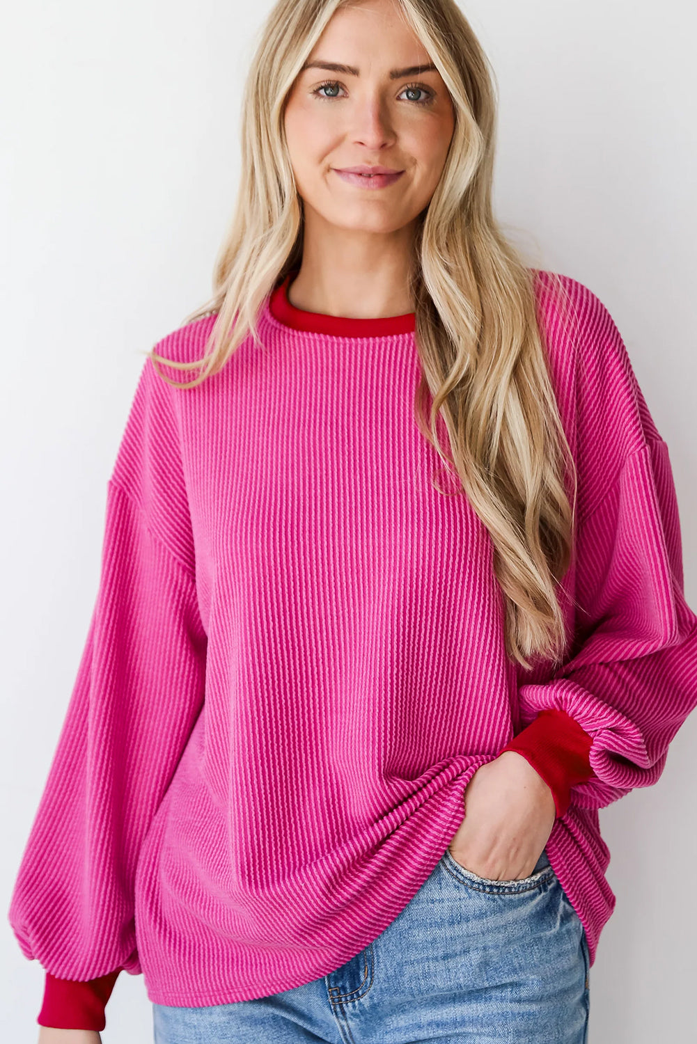 Bright Pink Corded Contrast Long Sleeve Top. GCollection