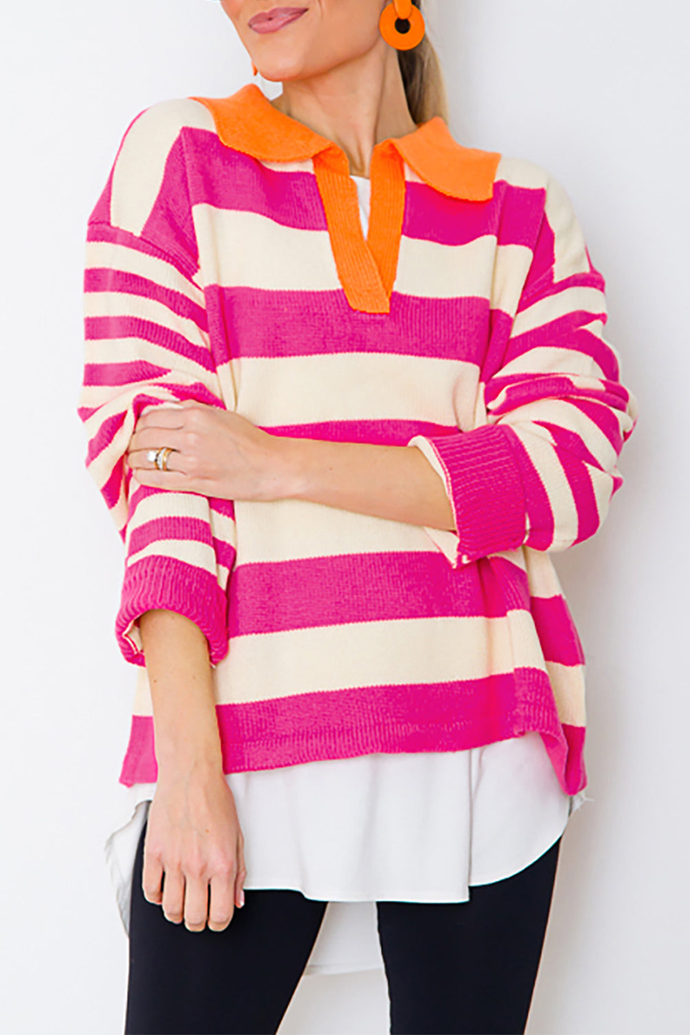 Rose Stripe Color Block Collared V Neck Drop Shoulder Sweater. GCollection