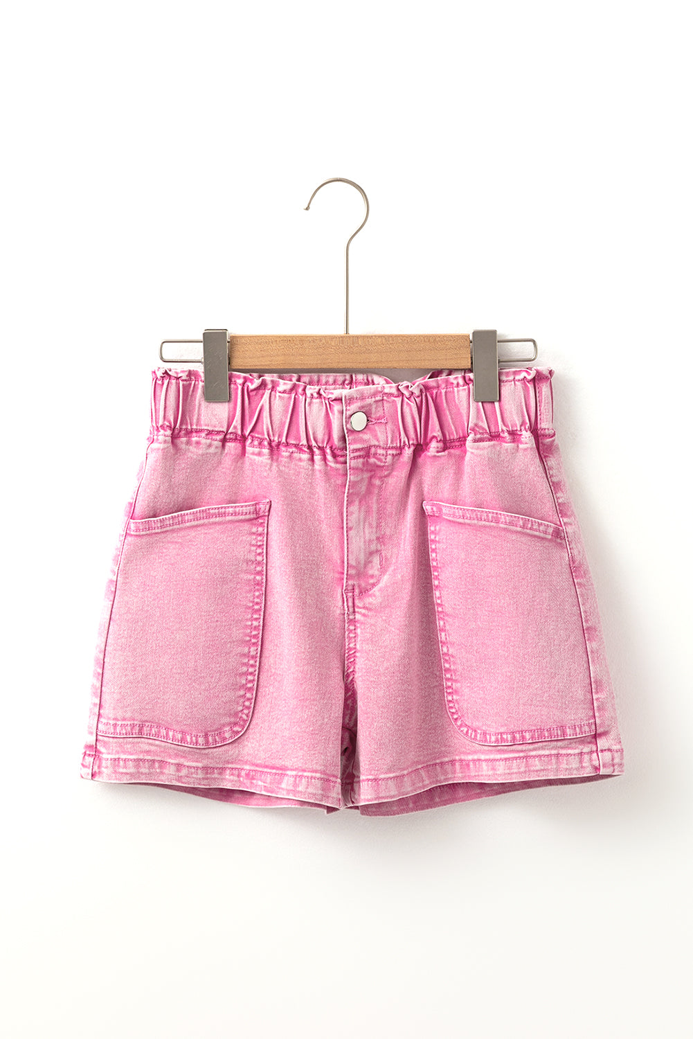 Strawberry Pink Elastic High Waisted Denim Shorts. GCollection