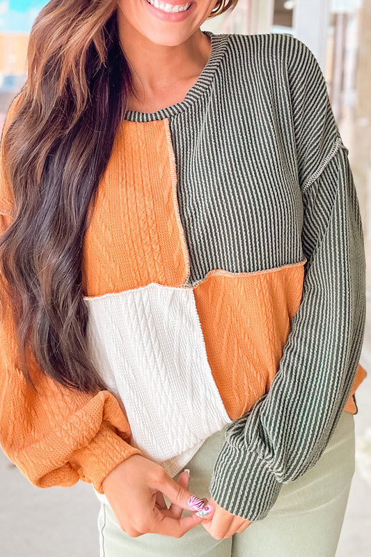 Orange Mixed Texture Color Block Long Sleeve Top. GCollection