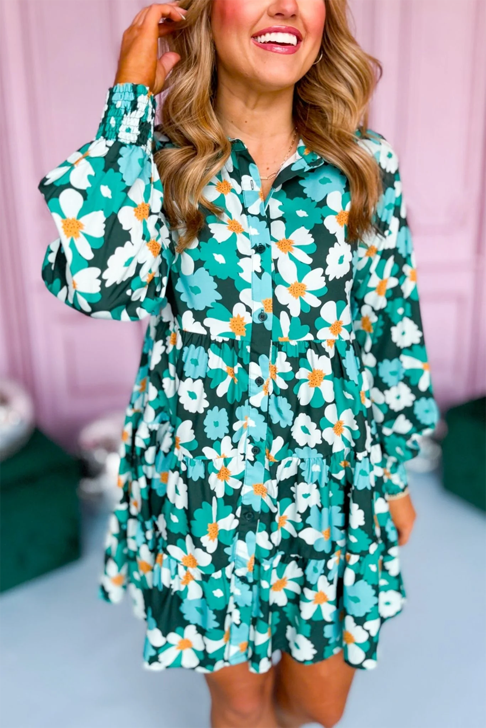 Green Floral Long Puff Sleeve Dress. GCollection