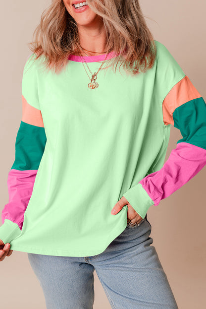 Green Colorblock Long Sleeve Loose Top. GCollection