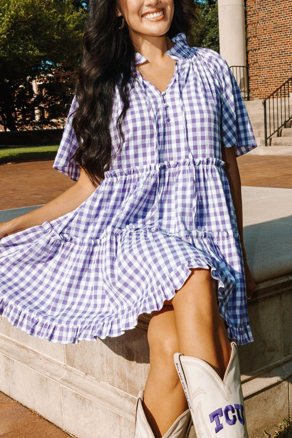 Plaid Ruffle Wide Short Sleeve Babydoll Mini Dress. GCollection