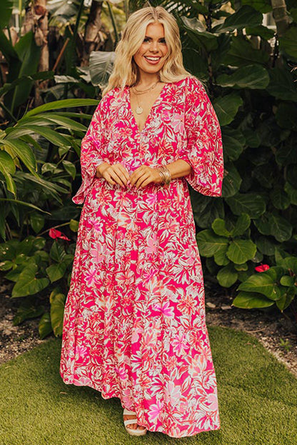 Rose Plus Size Floral V Neck Wide Sleeve Maxi Dress. PSCollection