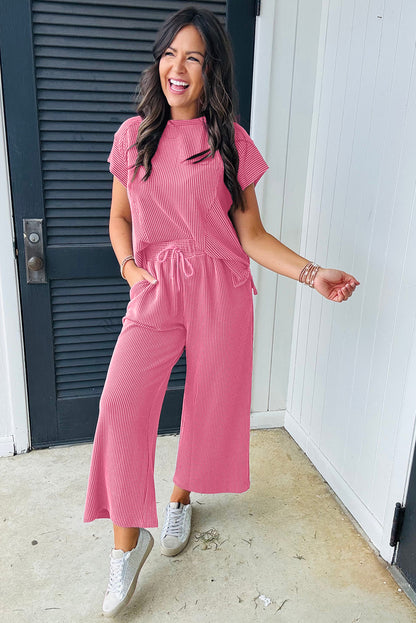 Bright Pink Solid Corded Knit Short Sleeve T Shirt and Wide Leg Pants Set. GCollection