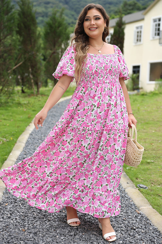 Pink Floral Print Smocked Puff Sleeve Dress. PSCollection