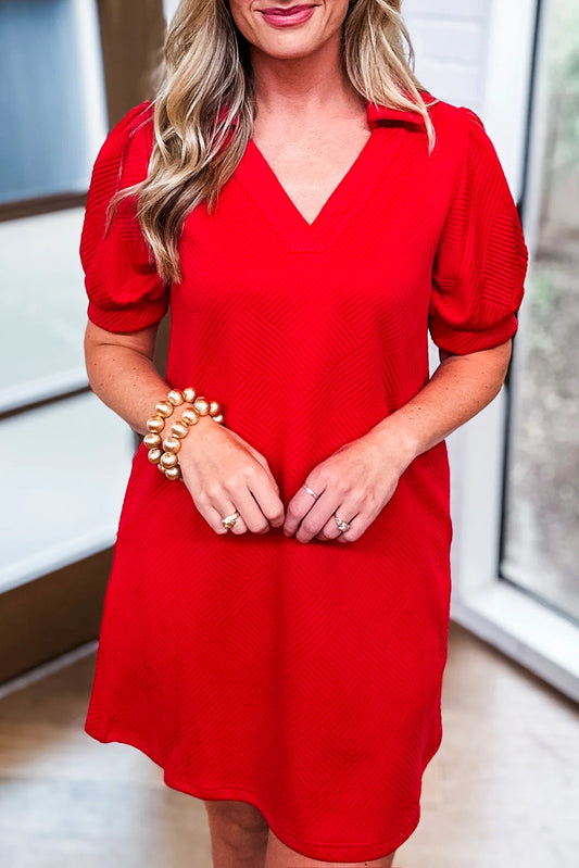 Red Textured Collared V Neck Puff Short Sleeve Mini Dress. GCollection