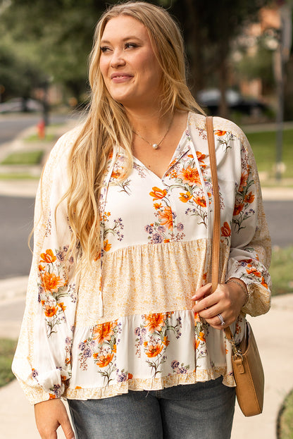 White Floral Print V Neck Puff Sleeve Blouse. PSCollection