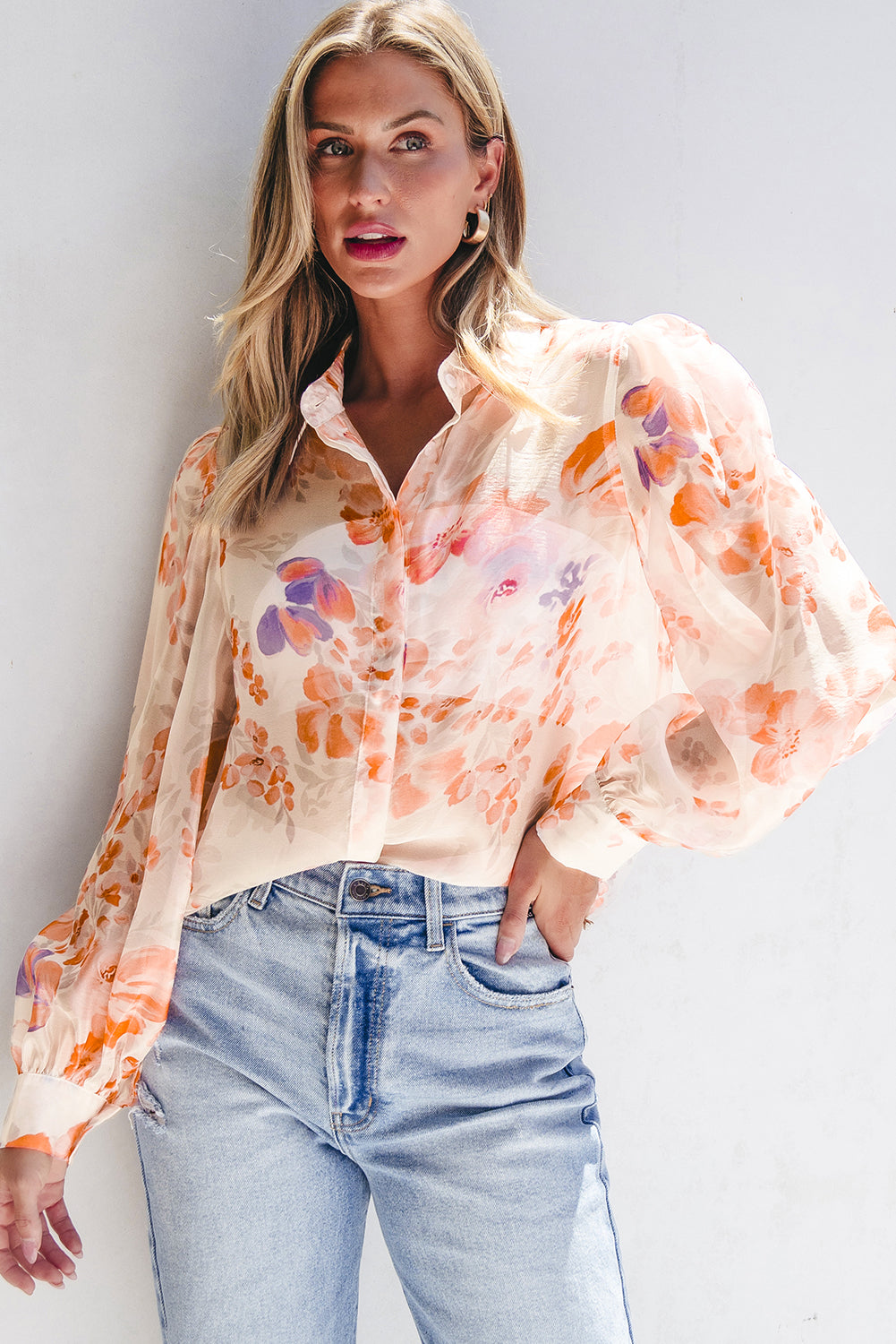 White Floral Print Balloon Sleeve Loose Shirt. GCollection