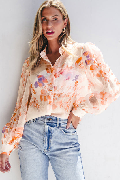 White Floral Print Balloon Sleeve Loose Shirt. GCollection