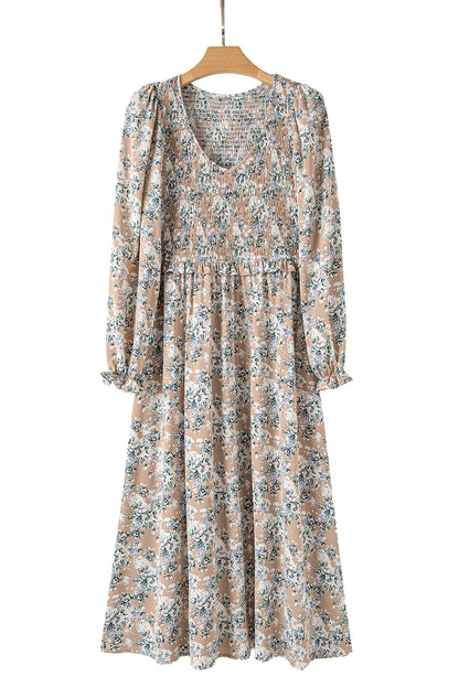 Khaki Maple Grove Floral Smocked Puff Sleeve Long Dress. GCollection