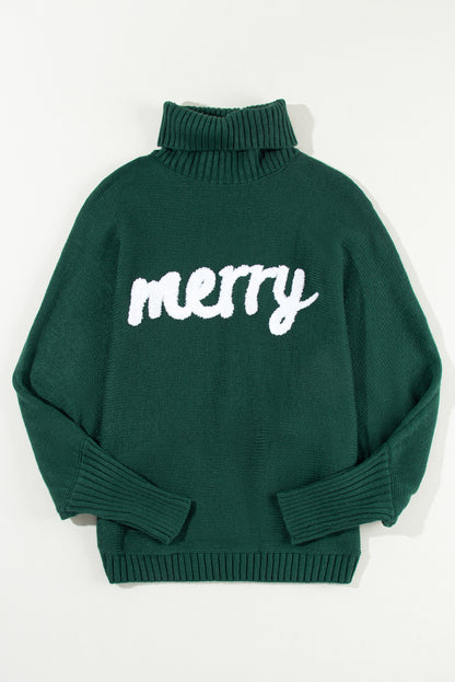 Green Merry Letter Embroidered High Neck Sweater. GCollection