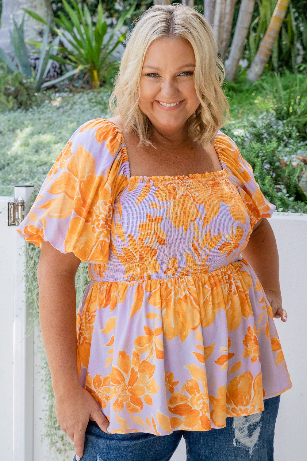 Floral Puff Sleeve Smocked Plus Size Babydoll Blouse. PSCollection