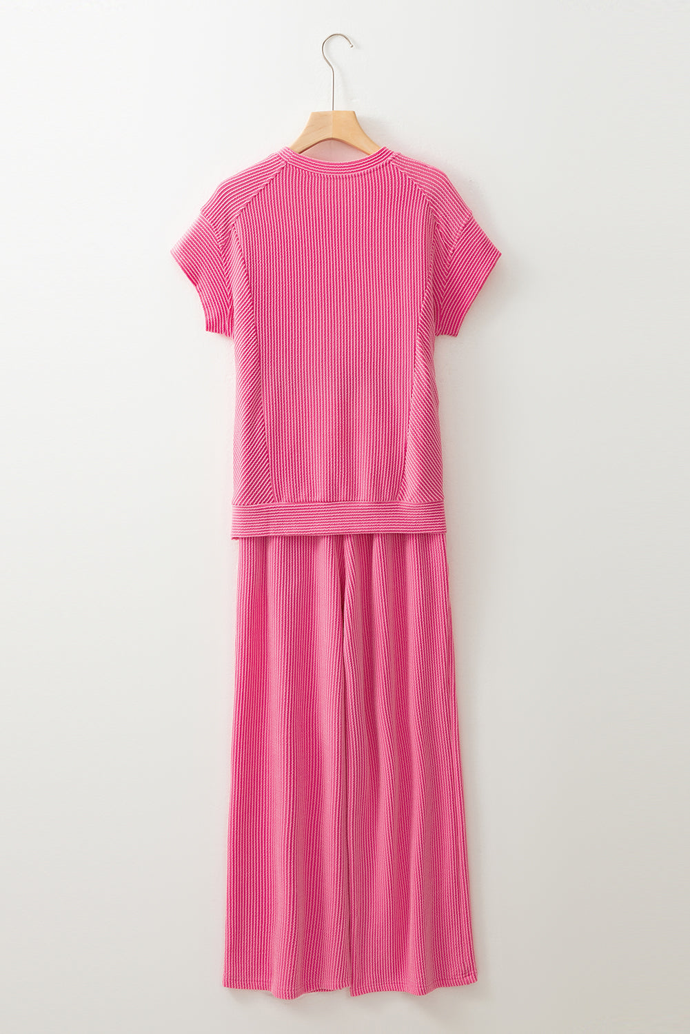 Bright Pink Solid Corded Knit Short Sleeve T Shirt and Wide Leg Pants Set. GCollection