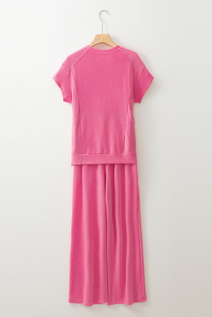 Bright Pink Solid Corded Knit Short Sleeve T Shirt and Wide Leg Pants Set. GCollection