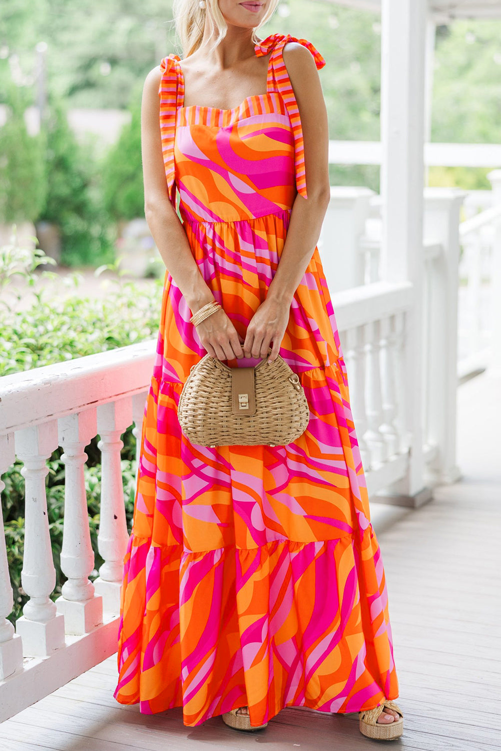 Red Abstract Print Knotted Shoulder High Waist Maxi Dress. GCollection