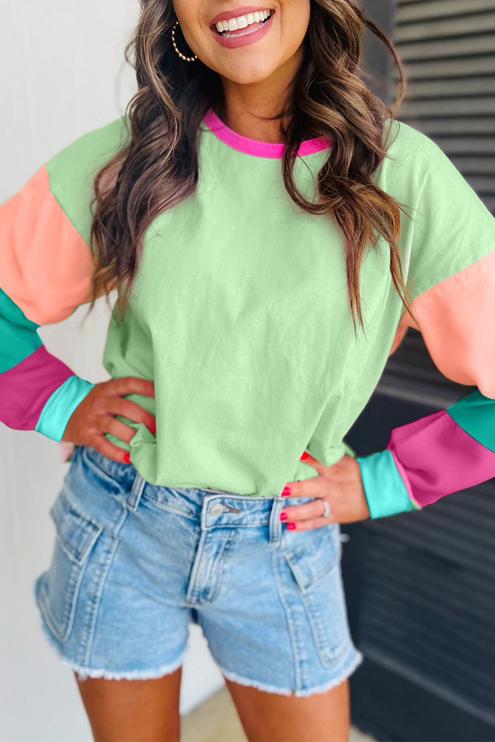 Green Colorblock Long Sleeve Loose Top. GCollection