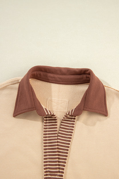 Light French Beige Striped Colorblock Patchwork Collar Sweatshirt. GCollection