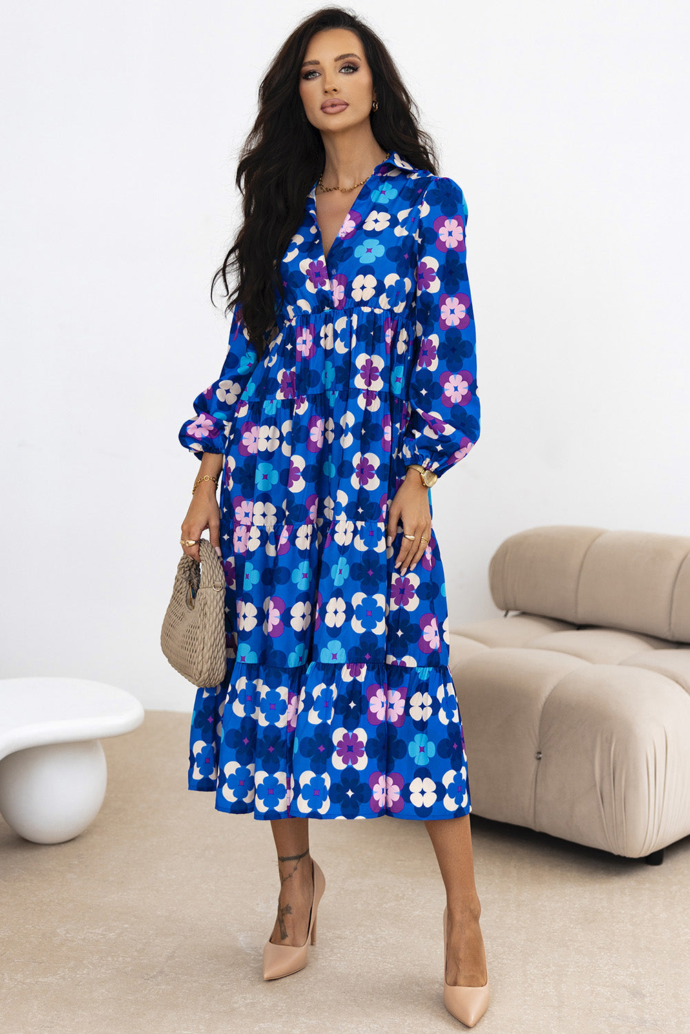 Blue Floral Tiered Ruffle Midi Dress. GCollection