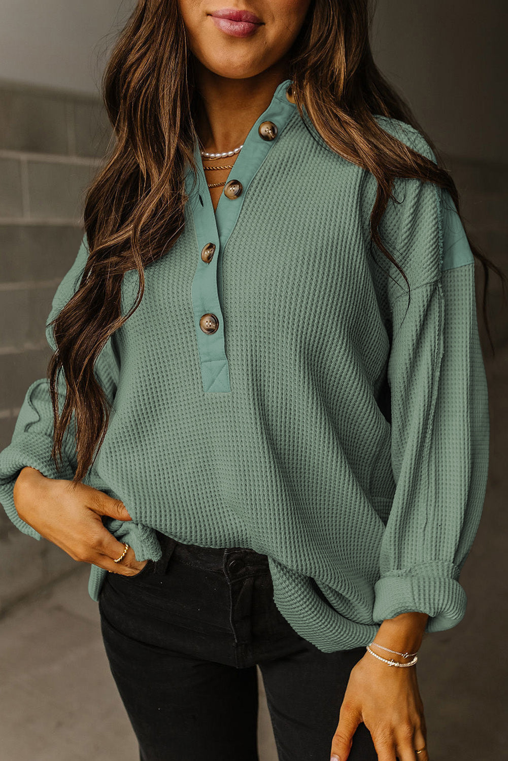 Smoke Green Waffle Half Button Loose Top. GCollection