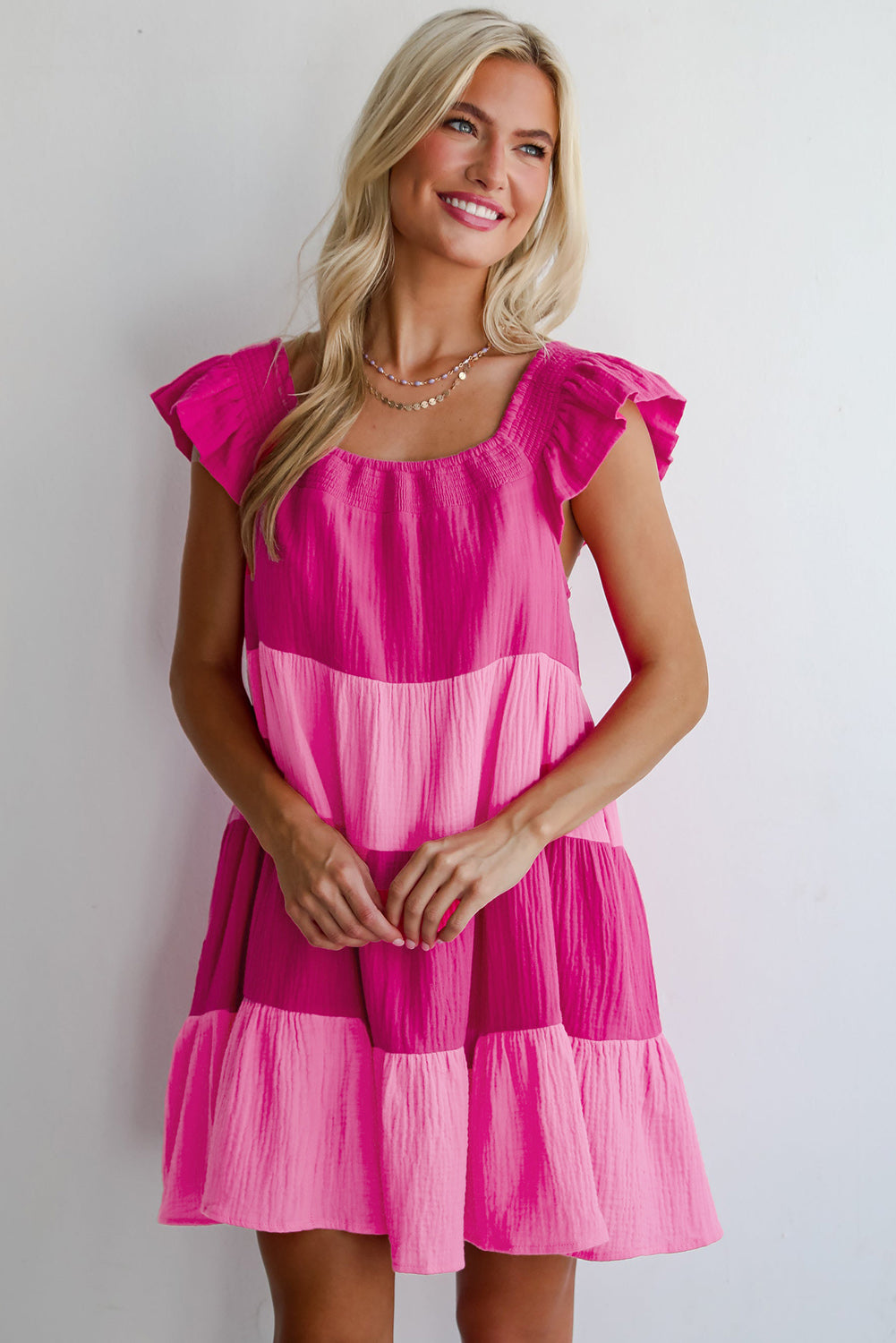 Pink Crinkled Colorblock Patchwork Flutter Tiered Dress. GCollection