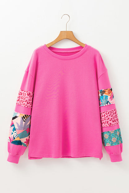 Sachet Pink Mixed Print Patch Drop Shoulder Pullover Top. GCollection