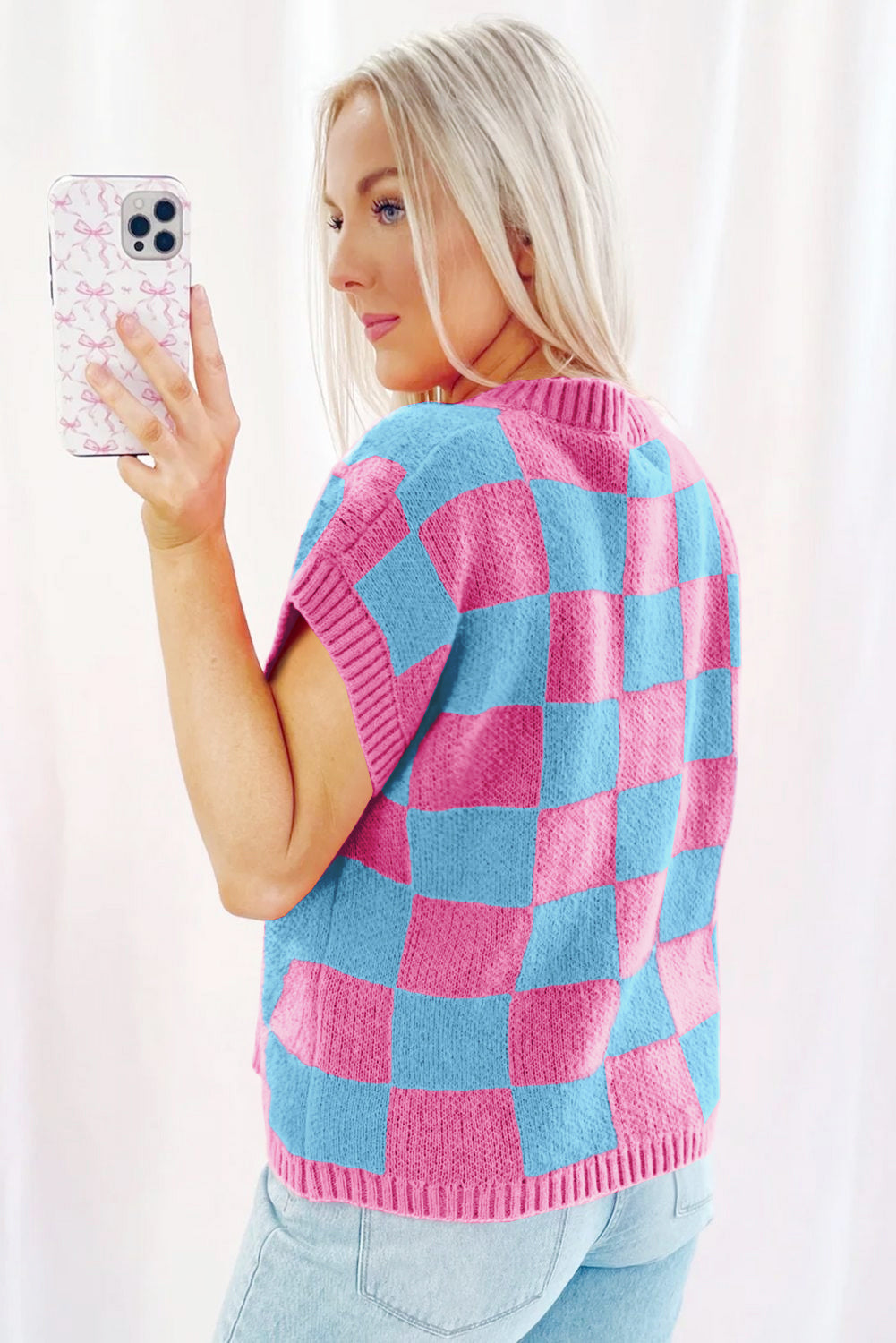 Sachet Pink Colorblock Plaid Pattern Top. GCollection