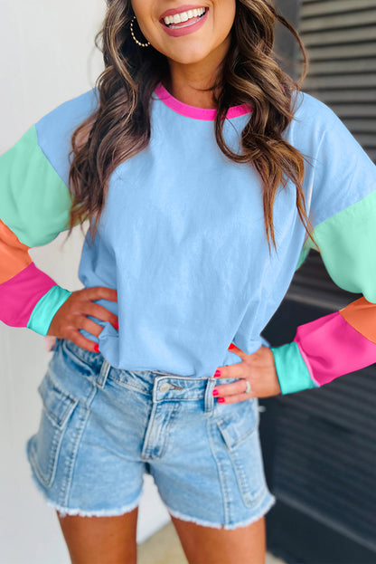 Dark Blue Colorblock Long Sleeve Loose Top. GCollection