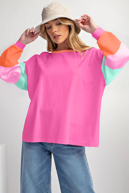 Rose Colorblock Long Sleeve Loose Top. GCollection