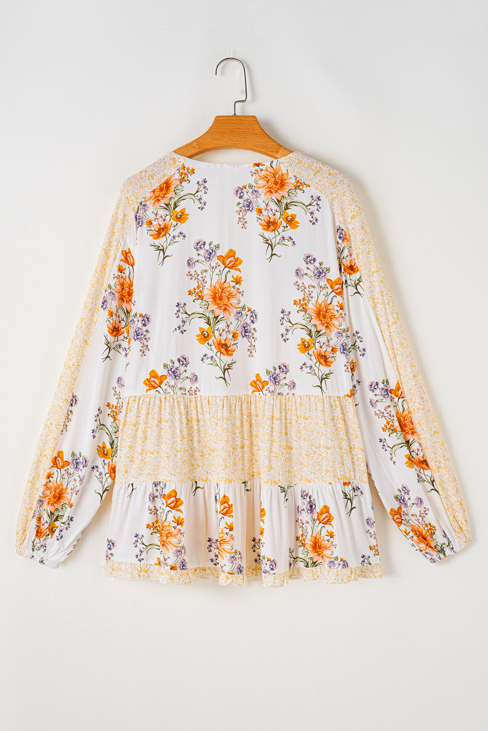 White Floral Print V Neck Puff Sleeve Blouse. PSCollection