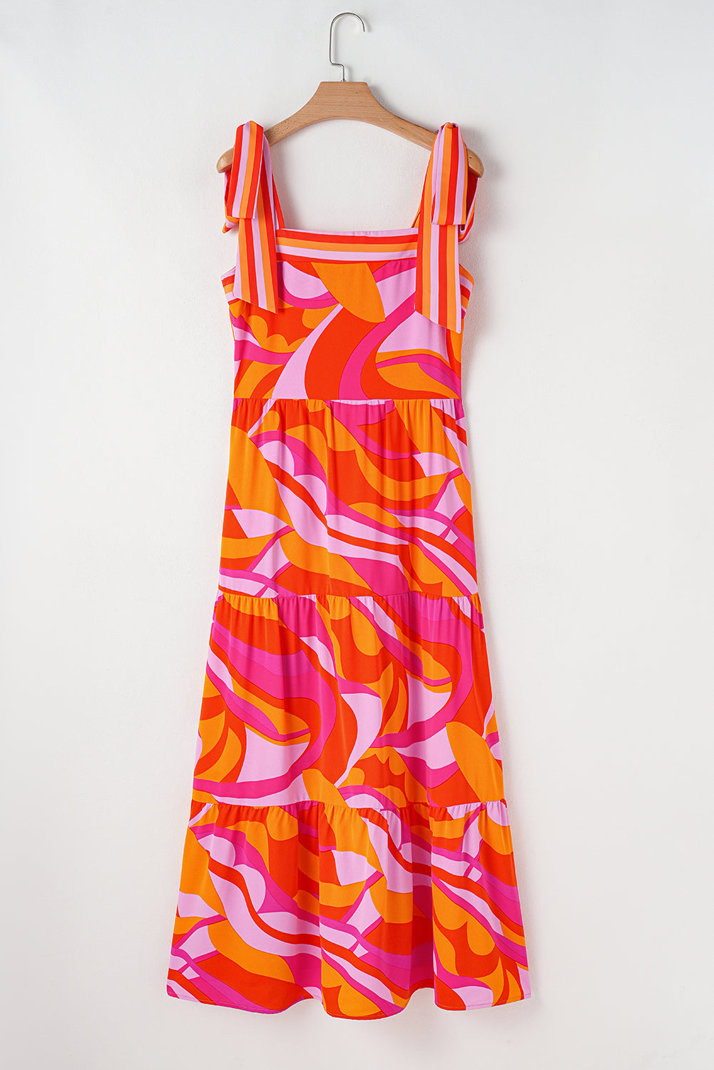 Red Abstract Print Knotted Shoulder High Waist Maxi Dress. GCollection
