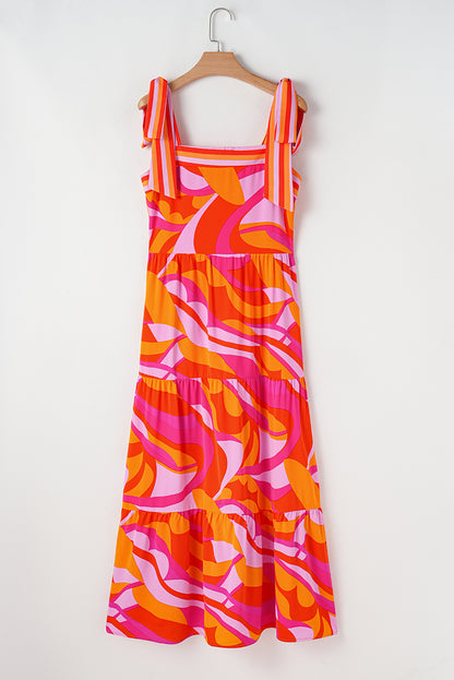 Red Abstract Print Knotted Shoulder High Waist Maxi Dress. GCollection