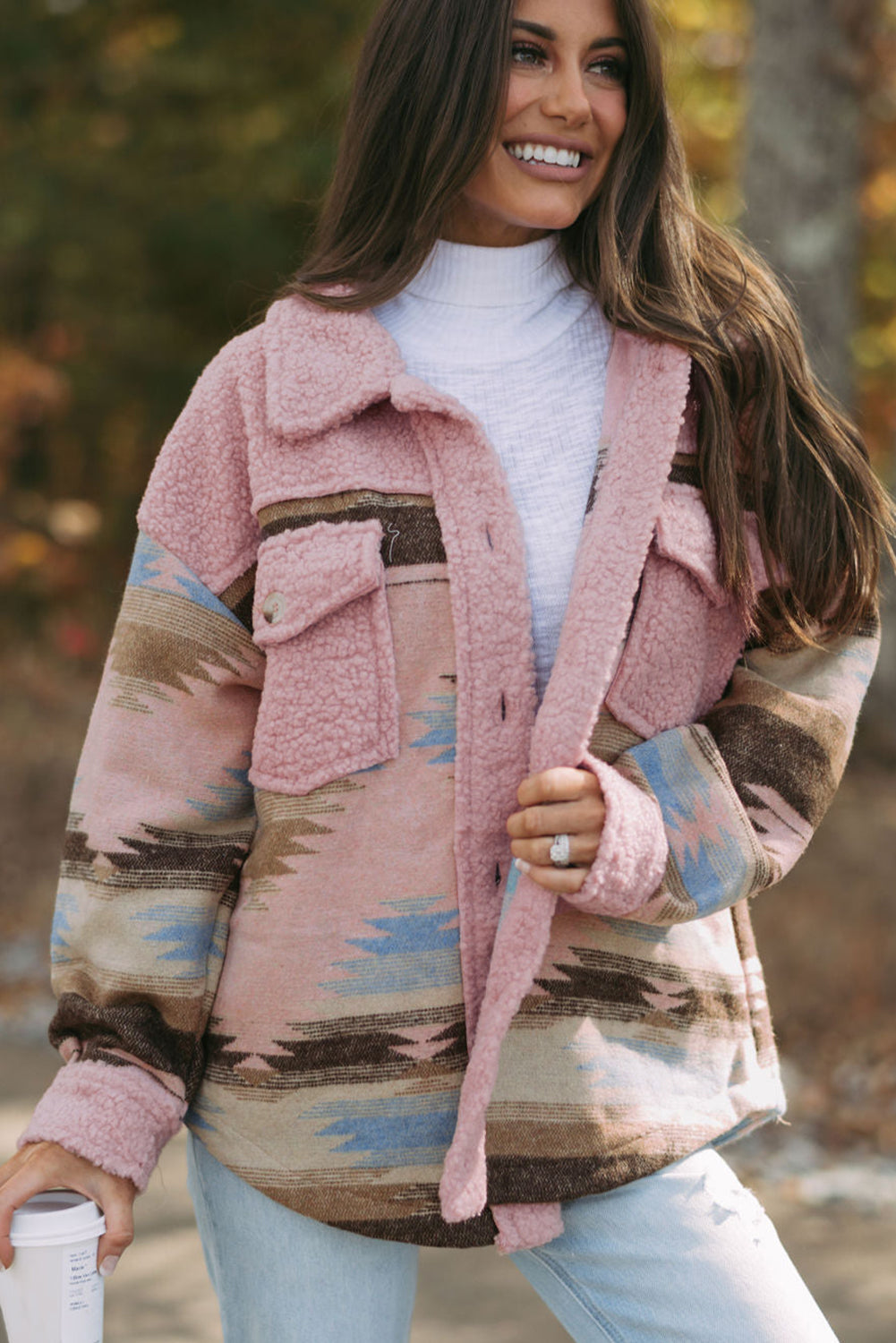 Pink Western Sherpa Splicing Buttoned Flap Pocket Coat. GCollection