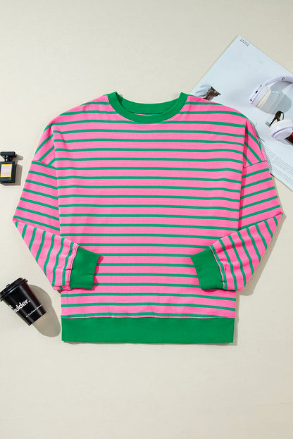 Pink Stripe Waffle Knit Crew Neck Plus Size Sweatshirt. PS Collection