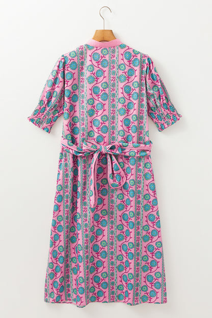 Pink Floral Puff Sleeve Buttoned Front Midi Dress with Sash. GCollection