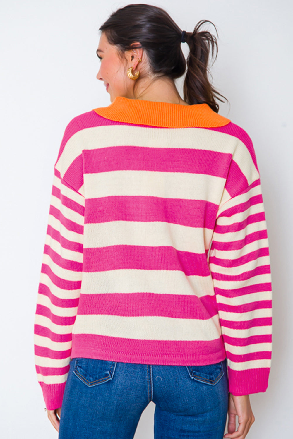 Rose Stripe Color Block Collared V Neck Drop Shoulder Sweater. GCollection