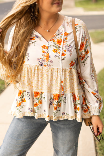 White Floral Print V Neck Puff Sleeve Blouse. PSCollection