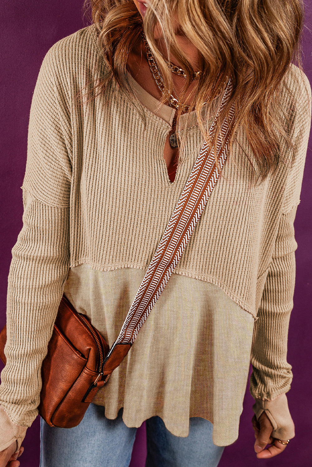 Beige Exposed Seam Waffle Knit Top. GCollection