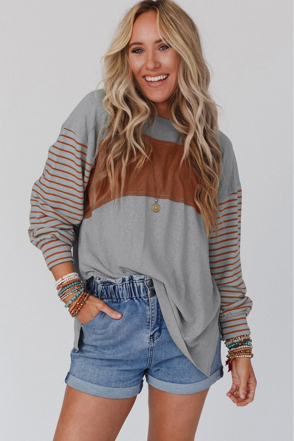 Gray Colorblock Striped Top. GCollection