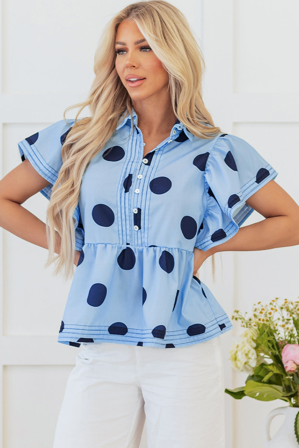 Sky Blue Polka Dot Print Ruffled Blouse. GCollection