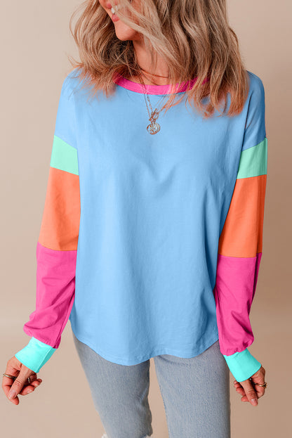 Dark Blue Colorblock Long Sleeve Loose Top. GCollection